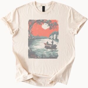 Moonlit Fishing Boat Graphic Tee Serene Water Scene Art